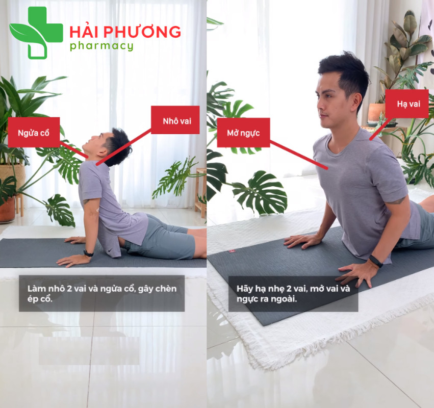 Mở rộng ngực và hạ vai trong tư thế yoga rắn hổ mang
