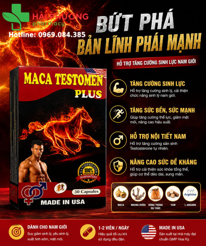 Viên uống Maca Testomen Plus hỗ trợ giảm các triệu chứng mãn dục nam đau lưng mỏi gối tiểu đêm nhiều lần và nâng cao thể chất dẻo dai gân cốt