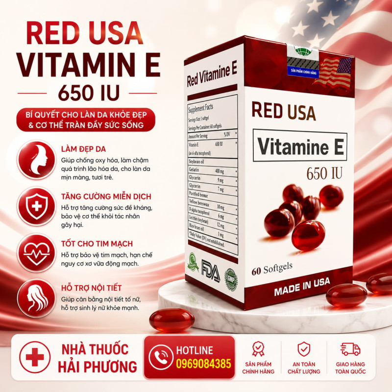 Mua viên uống Red USA Vitamin E 650IU chính hãng tại Nhà thuốc Hải Phương